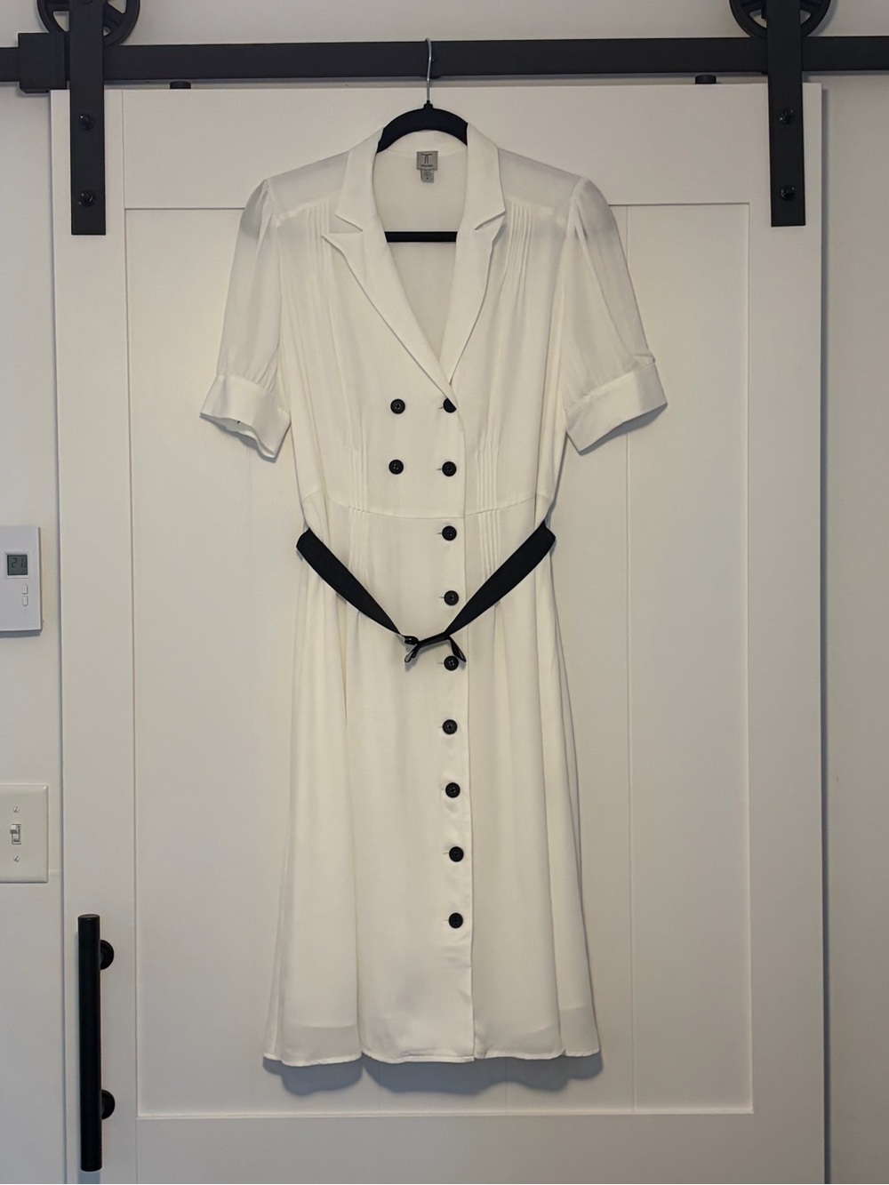 Tristan White Midi Dress with Black Buttons and Belt